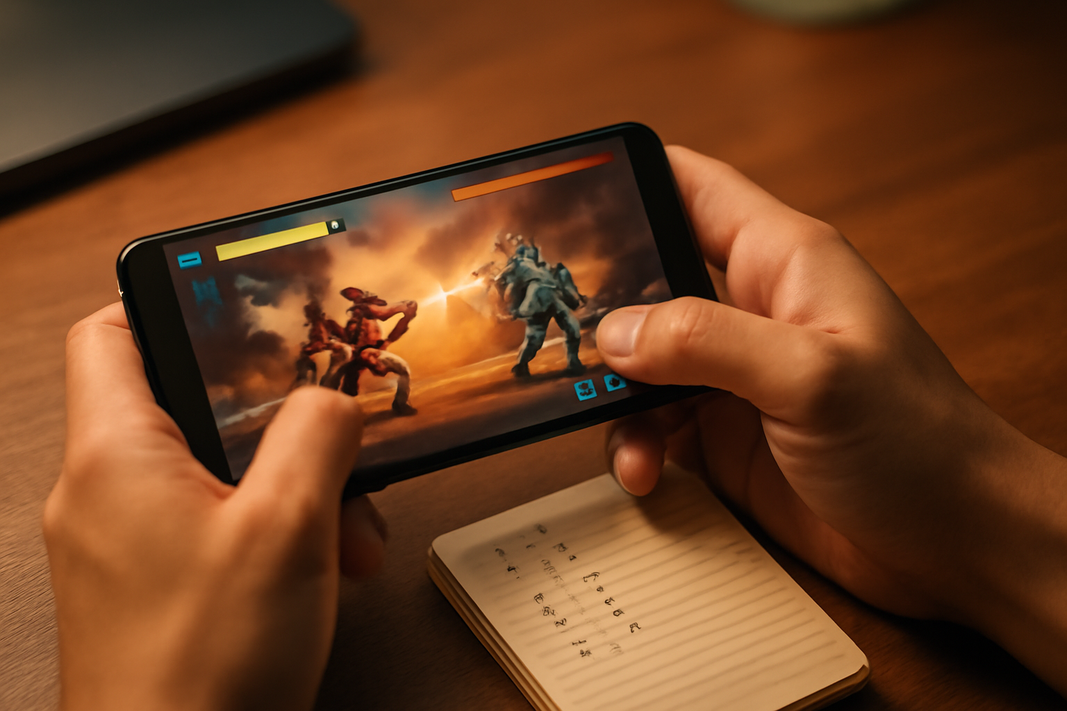 Tangan memegang ponsel saat memainkan game aksi mobile dengan catatan combo di meja