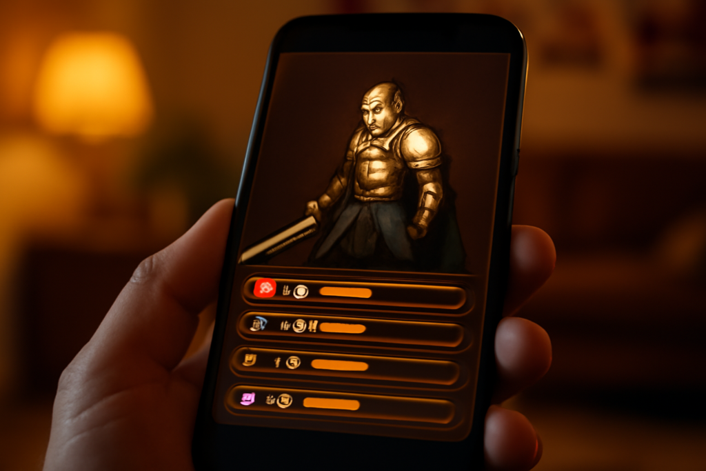 Tampilan layar statistik karakter di game mobile aksi