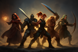 Ilustrasi tim karakter game aksi mobile dengan berbagai peran