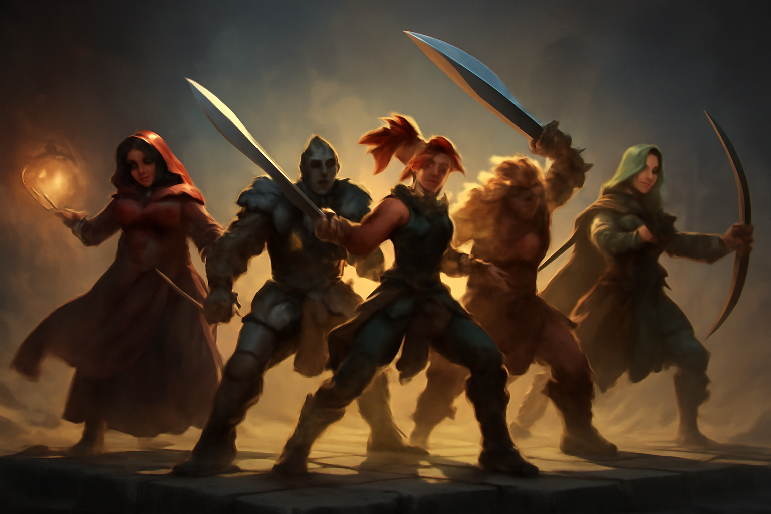 Ilustrasi tim karakter game aksi mobile dengan berbagai peran