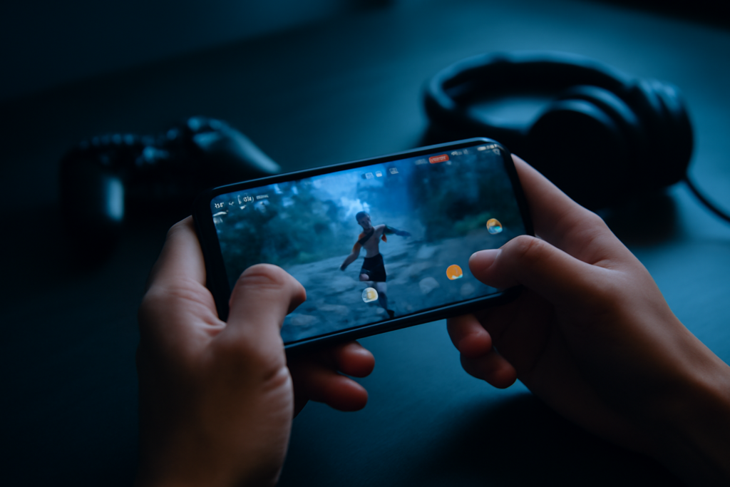Dua tangan memegang ponsel saat memainkan game aksi mobile di ruangan dengan cahaya biru