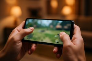 Tangan memegang smartphone untuk bermain game aksi mobile dengan tombol virtual di layar