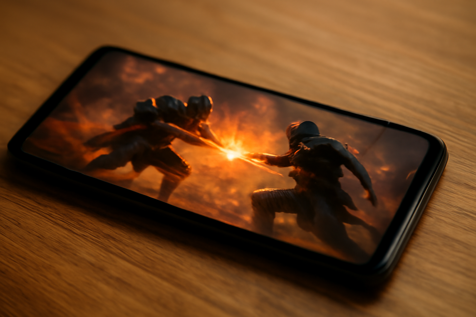 Smartphone menampilkan adegan pertarungan game aksi mobile di atas meja kayu.