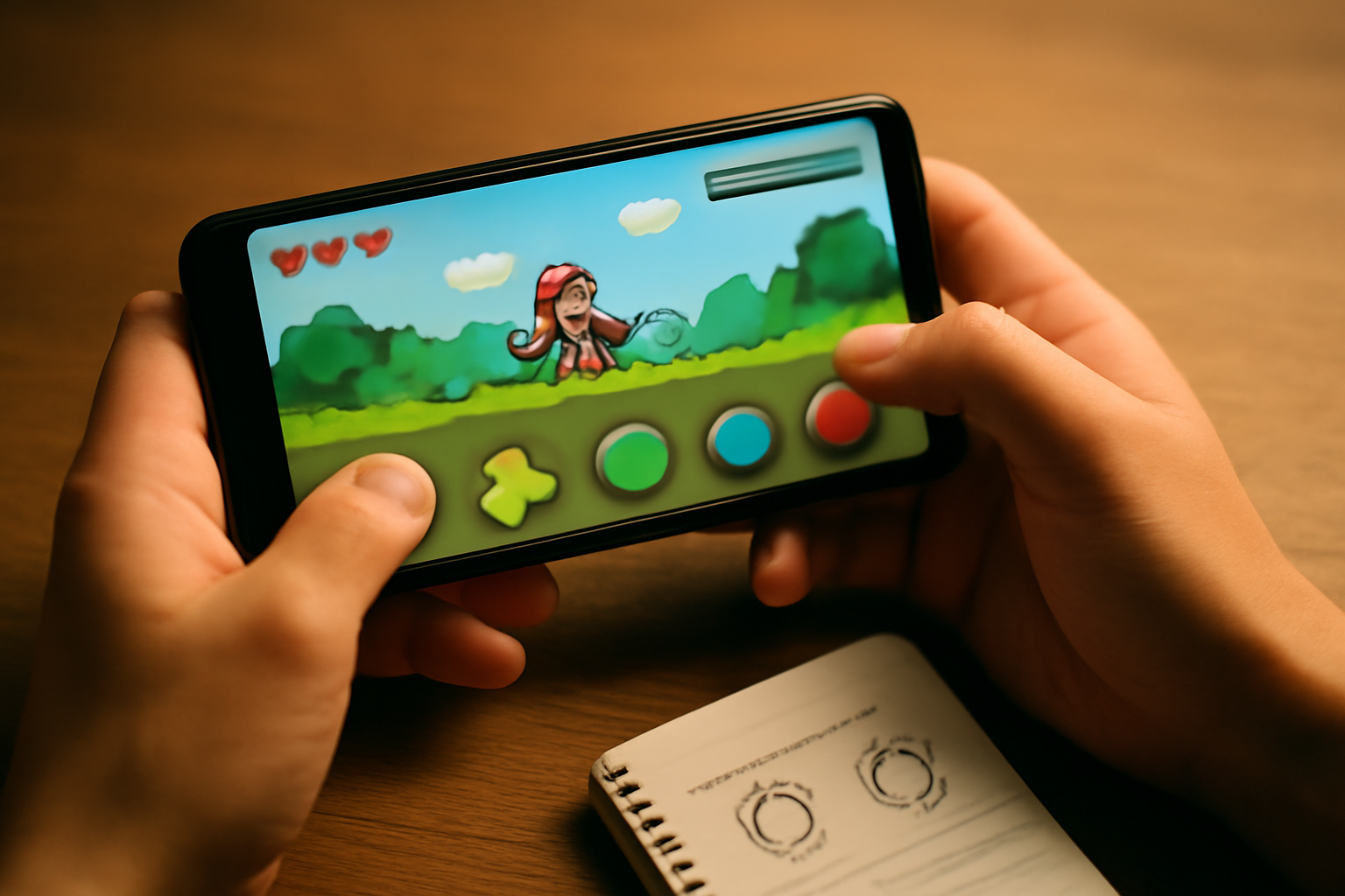 Smartphone dengan game aksi mobile dan catatan perbandingan karakter di meja kayu