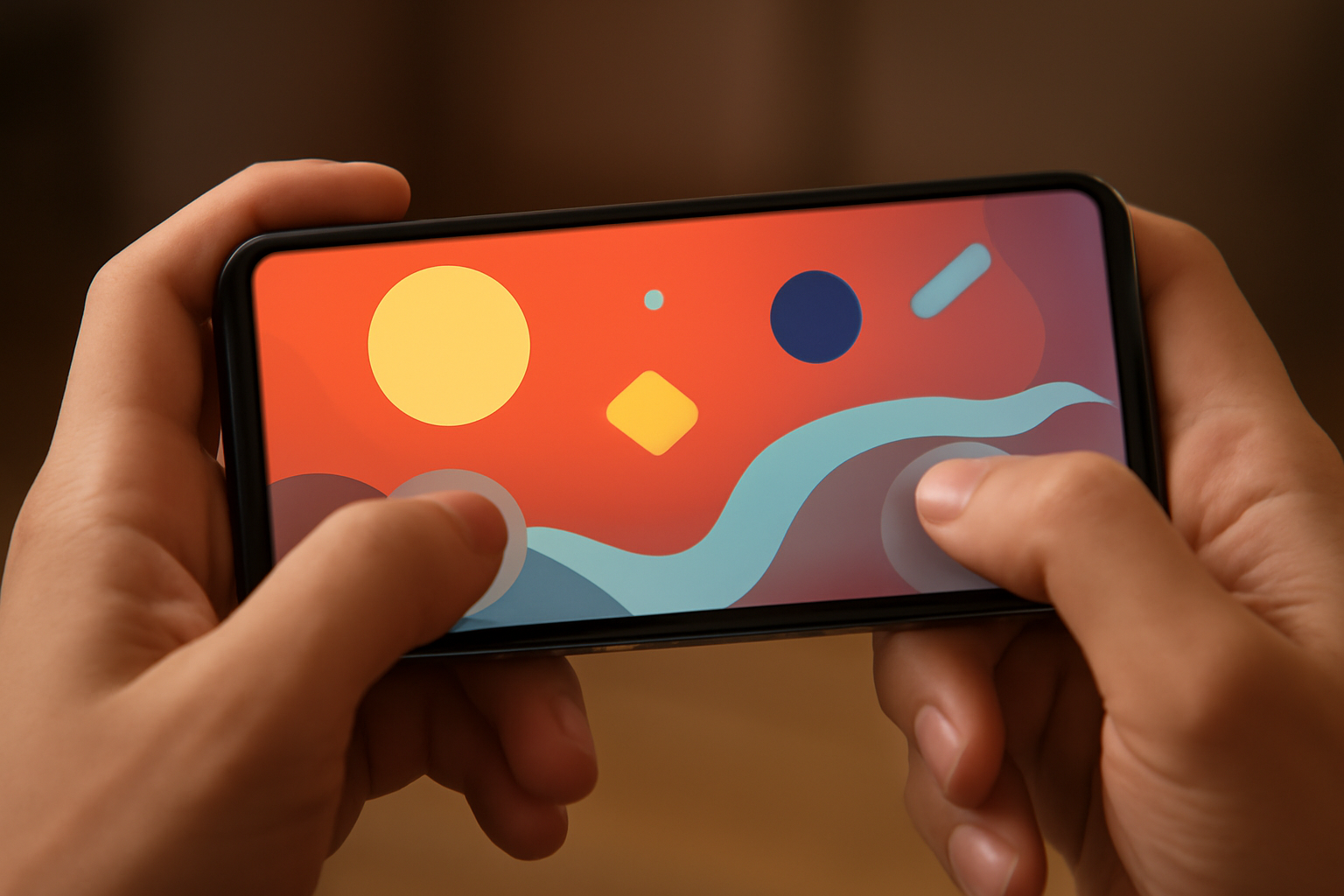 Tangan memegang ponsel dengan kontrol game aksi mobile di layar